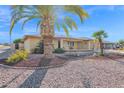 Ranch style home with desert landscaping, mature palm trees, and gravel driveway at 8139 E Madero Ave, Mesa, AZ 85209