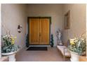 Elegant entryway with double wood doors, a bench, and decorative plants at 11957 N 140Th Ln, Surprise, AZ 85379