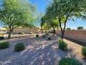 Landscaped backyard with gravel and mature trees at 6362 S Callaway Dr, Chandler, AZ 85249