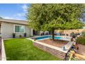 Landscaped backyard showcasing a refreshing pool, brick planter, and lush green grass at 2949 N Acacia Way, Buckeye, AZ 85396