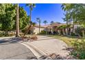Luxury home with palm trees, circular driveway, and manicured lawn at 9840 N 111Th Pl, Scottsdale, AZ 85259