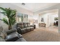 Cozy living room with plush carpeting, plantation shutters, and recessed lighting at 2317 W Horsetail Trl, Phoenix, AZ 85085