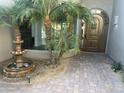 Inviting courtyard entry with a fountain, palm trees, and a wood front door at 12646 N 17Th Pl, Phoenix, AZ 85022