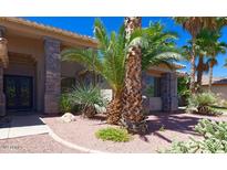 Landscaped front yard with mature palm trees and a stone pathway at 10220 E Cochise Dr, Scottsdale, AZ 85258