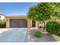 Tan house with brown garage door, landscaping, and a paved driveway at 120 E Camellia Way, San Tan Valley, AZ 85140