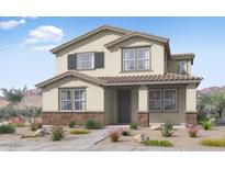 Two story home with tan siding, brown roof, and landscaping at 14144 W Buckskin Trl, Surprise, AZ 85387