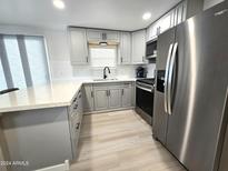 Modern kitchen with gray cabinets and quartz countertops at 305 S Val Vista Dr # 43, Mesa, AZ 85204