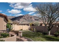 Landscaped backyard with mountain views and a stone patio at 10683 E Saddle Blanket Trl, Gold Canyon, AZ 85118