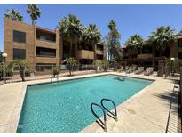 Community swimming pool with lounge chairs and surrounding landscape at 2625 E Indian School Rd # 104, Phoenix, AZ 85016