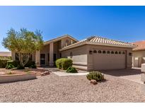 Tan one-story house with landscaped yard and two-car garage at 10209 E Coopers Hawk Dr, Sun Lakes, AZ 85248