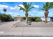 Single story home with two palm trees in the front yard at 5254 E Cicero St, Mesa, AZ 85205