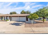 Front view of a light beige two car garage condo with mature landscaping at 2064 S Farnsworth Dr # 43, Mesa, AZ 85209