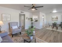 Bright living room features wood-look floors, ceiling fan, and comfy seating at 5521 E Adobe Rd, Mesa, AZ 85205