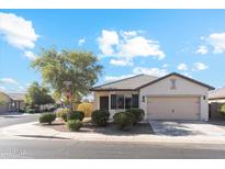 Beige house with two car garage and landscaping at 20608 N Scola St, Maricopa, AZ 85138