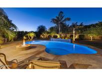 Luxury backyard oasis featuring a sparkling pool, fire pit, and lush landscaping at 2086 E Mead Dr, Gilbert, AZ 85298