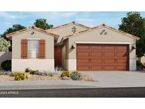 One-story home with brown garage door and tan exterior; landscaping included at 16034 W Desert Hollow Dr, Surprise, AZ 85387