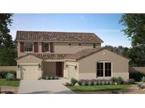 Two-story house with beige exterior, red roof, and landscaped front yard at 27018 N 168Th Ln, Surprise, AZ 85387