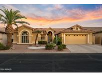 Tan stucco house with tile roof, palm trees, and a two-car garage at 3533 N 159Th Ln, Goodyear, AZ 85395