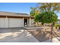 Front view of a charming single-story home with a two-car garage and a well-maintained landscape at 2064 S Farnsworth Dr # 39, Mesa, AZ 85209