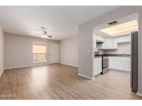 Bright living room with wood-look floors and ceiling fan at 1340 N Recker Rd # 227, Mesa, AZ 85205