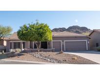 Single-story home with a two-car garage, mature landscaping, and mountain views at 4889 S Nighthawk Dr, Gold Canyon, AZ 85118