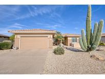 One-story home with tan exterior, two-car garage, and desert landscaping at 16824 W Palisade Trail Ln, Surprise, AZ 85387