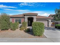 Single-story home with a two-car garage and well-manicured landscaping at 21576 E Pecan Ct, Queen Creek, AZ 85142