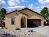 Single-story home with tan exterior, brown garage door, and desert landscaping at 9733 W Agora Ln, Tolleson, AZ 85353