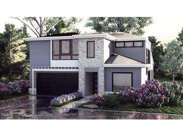 Modern two-story home with gray siding, stone accents, and a black garage door at 816 Antoine Dr # 9, Durham, NC 27713