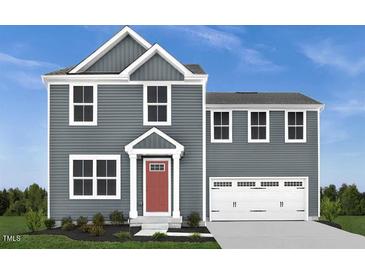 Two-story home with gray siding and red front door at 302 Coral Bells N Way, Four Oaks, NC 27524