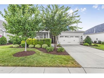 House exterior featuring gray siding, white garage door, and landscaping at 258 Tyree Trl, Burlington, NC 27215