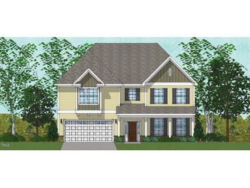 Two-story home with a light yellow exterior and white garage door at 116 Augusta Pond Way # 140, Raleigh, NC 27603