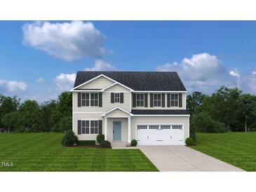 Two-story house with light beige siding, dark gray roof, and a two-car garage at 290 Gianna Dr, Lillington, NC 27546