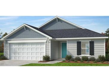 Craftsman style home exterior with gray siding and teal door at 69 Frasier Fir Way, Lillington, NC 27546