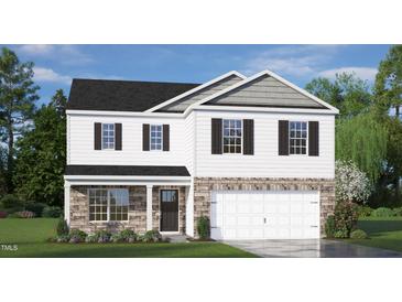 Two-story home with gray and white siding, stone accents, and a two-car garage at 6429 Alfalfa Ln, Wake Forest, NC 27587