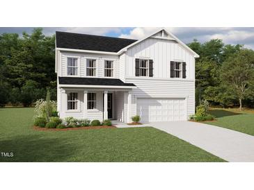 Two-story farmhouse style home with white siding, black roof, and landscaping at 662 Barbour Farm Ln, Four Oaks, NC 27524