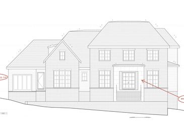 Exterior house plan showing a two-story home with brick facade and double front doors at 100 Old Mill Pl, Durham, NC 27705