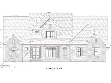 House front elevation plan with brick and shingle details at 112 Old Mill Place, Durham, NC 27705