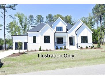 Modern two-story farmhouse style home with white siding, black roof, and a two-car garage at 2408 Toll Mill Ct, Raleigh, NC 27606