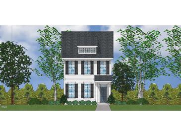 Two-story home with gray roof, white siding, and black window shutters at 105 Buckhorn Branch Park, Clayton, NC 27520