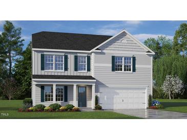 Two story home with gray siding, dark green shutters, and a two car garage at 6433 Alfalfa Ln, Wake Forest, NC 27587