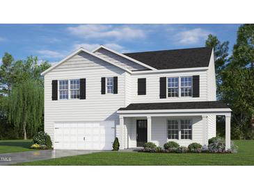 Two-story home with white siding, black shutters, and a covered porch at 1205 Perseus Hill Ct, Wendell, NC 27591