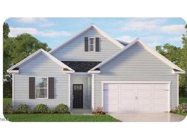 Two-story house with gray siding, dark gray shutters, and a two-car garage at 7541 Percussion Dr, Apex, NC 27539