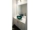 Modern powder room with glass sink and white vanity at 1350 Geneva Albright Rd, Graham, NC 27253