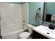 Bathroom with a shower/tub combo and updated vanity at 7647 Cummings Dr, Mebane, NC 27302