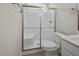 Large walk-in shower with a built-in seat at 53 Hillwood Dr, Sanford, NC 27332