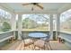 Screened porch with table and chairs, offering a view of the backyard at 144A Celebrity Dairy Way, Siler City, NC 27344