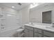Clean bathroom with a shower/tub combo, double vanity, and gray cabinets at 818 Pryor St # 55, Mebane, NC 27302