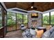 Screened porch with stone fireplace, comfy seating, and wooded views at 4213 Burlington Mills Rd, Wake Forest, NC 27587