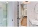 Clean bathroom with glass shower and floating vanity at 1817 N Lakeshore Dr, Chapel Hill, NC 27514